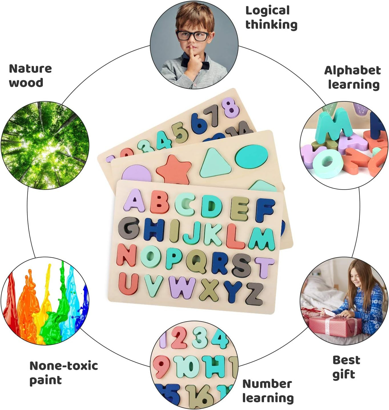 Wooden Puzzles for Toddlers, Wooden Alphabet Number Shape Puzzle Toddler Education Learning Toys for Kids Ages 3 4 5 Years Old (Set of 3)