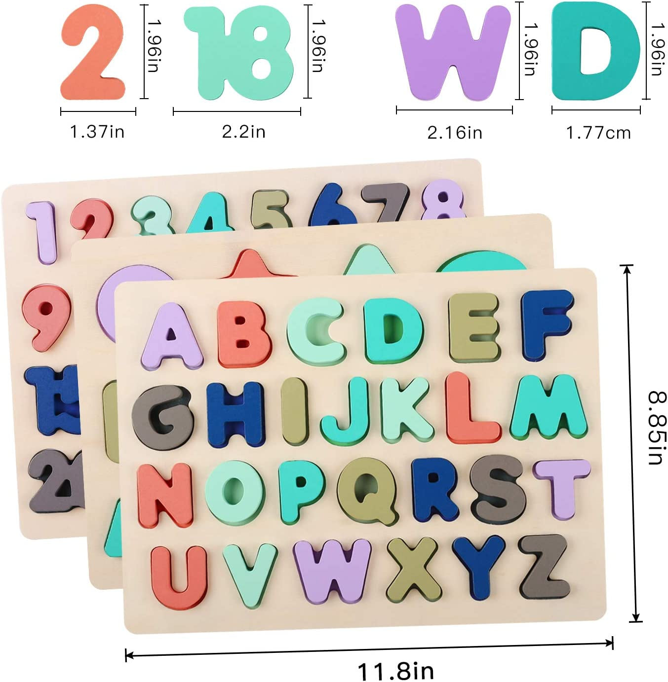 Wooden Puzzles for Toddlers, Wooden Alphabet Number Shape Puzzle Toddler Education Learning Toys for Kids Ages 3 4 5 Years Old (Set of 3)