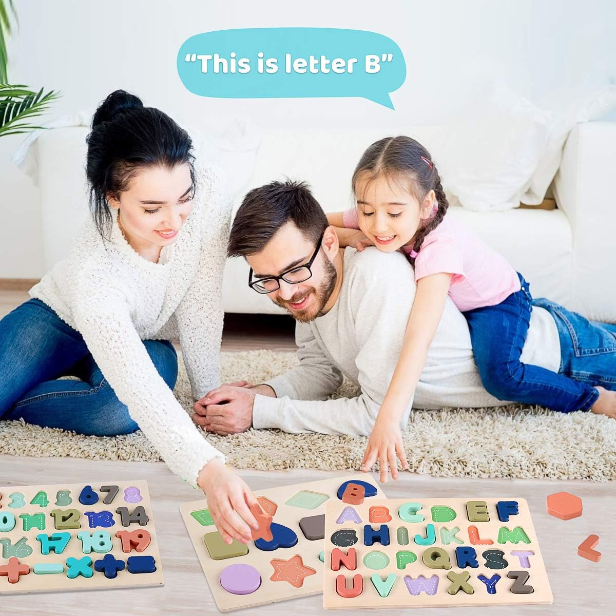 Wooden Puzzles for Toddlers, Wooden Alphabet Number Shape Puzzle Toddler Education Learning Toys for Kids Ages 3 4 5 Years Old (Set of 3)