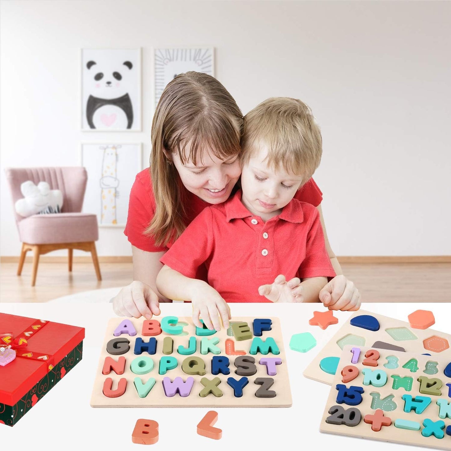 Wooden Puzzles for Toddlers, Wooden Alphabet Number Shape Puzzle Toddler Education Learning Toys for Kids Ages 3 4 5 Years Old (Set of 3)