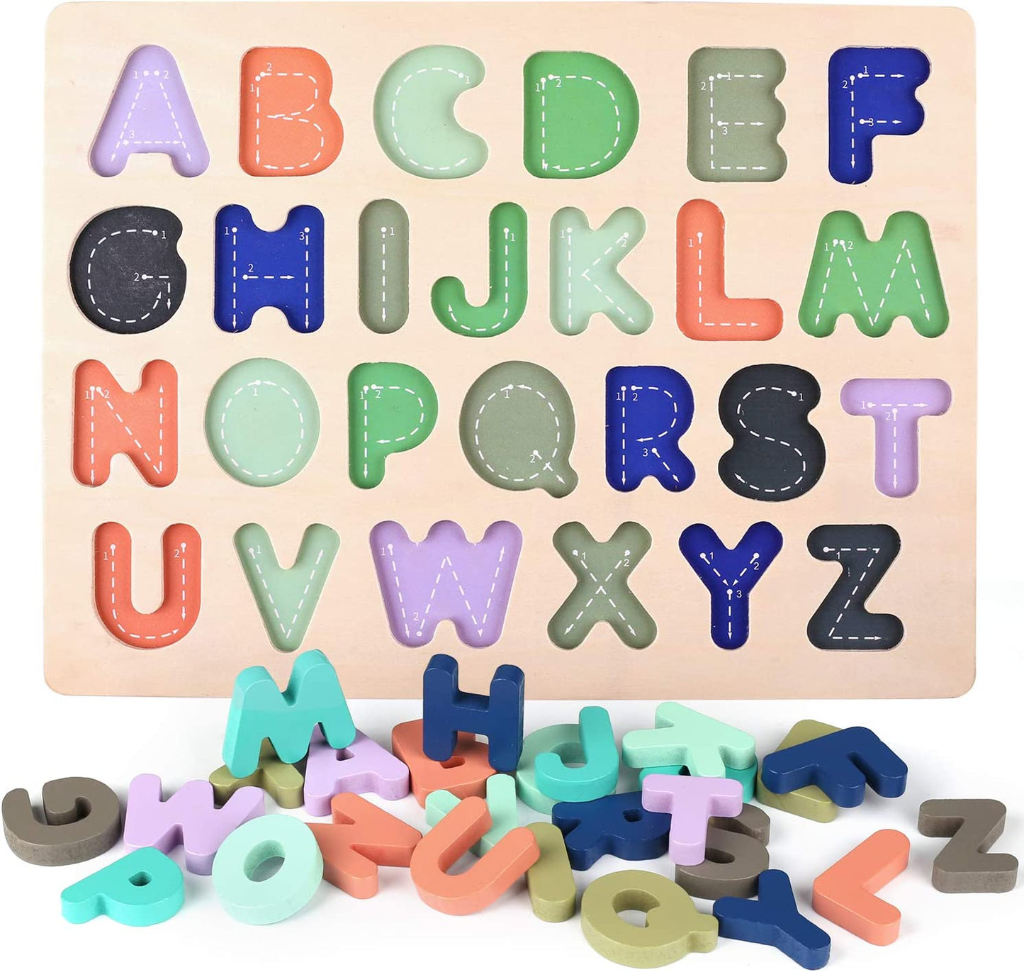 Wooden Puzzles for Toddlers, Wooden Alphabet Number Shape Puzzle Toddler Education Learning Toys for Kids Ages 3 4 5 Years Old (Set of 3)