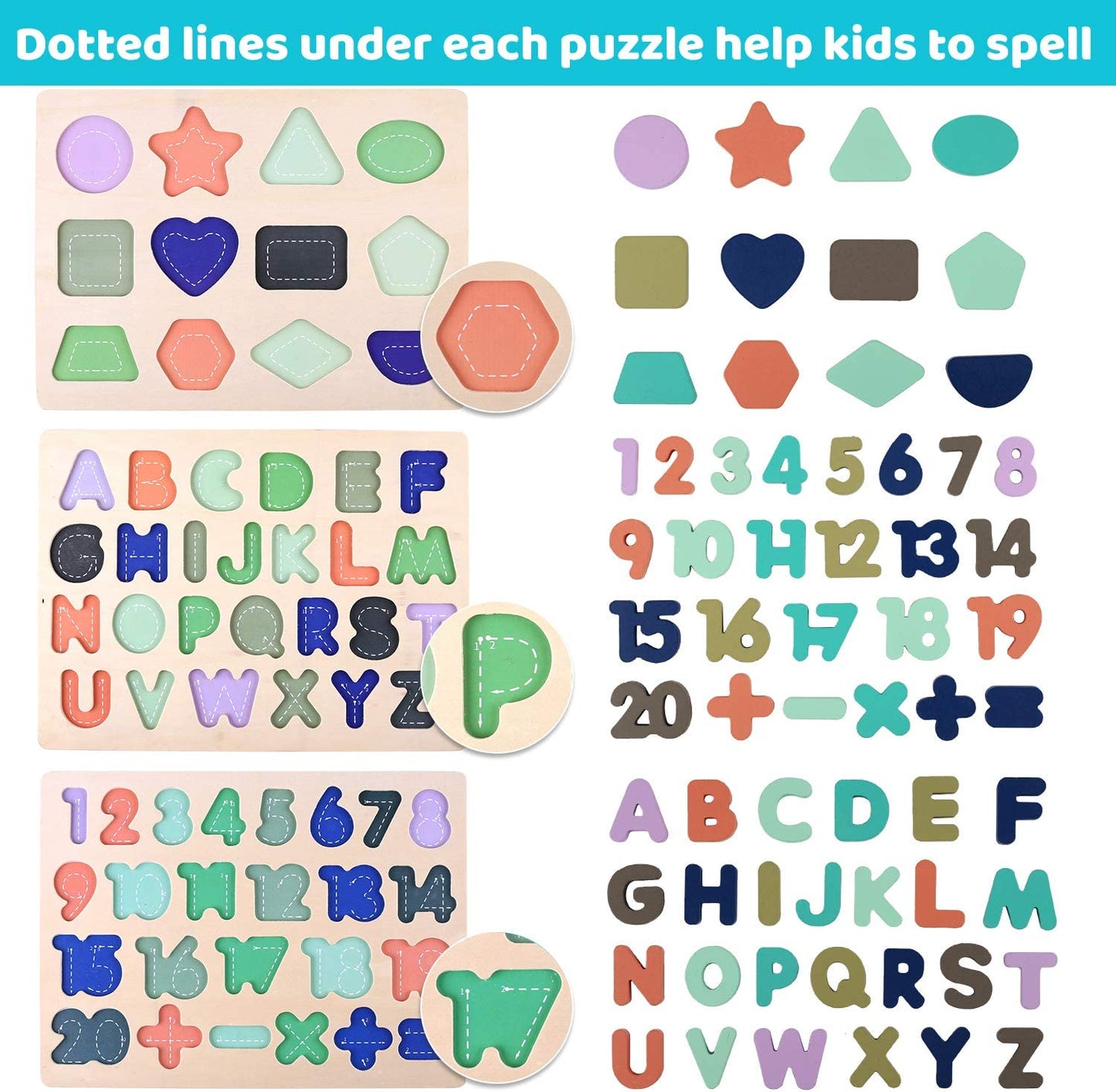 Wooden Puzzles for Toddlers, Wooden Alphabet Number Shape Puzzle Toddler Education Learning Toys for Kids Ages 3 4 5 Years Old (Set of 3)
