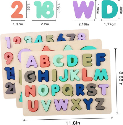 Wooden Puzzles for Toddlers,  Wooden Alphabet Number Shape Puzzle Toddler Education Learning Toys for Kids Ages 3 4 5 Years Old (Set of 3)