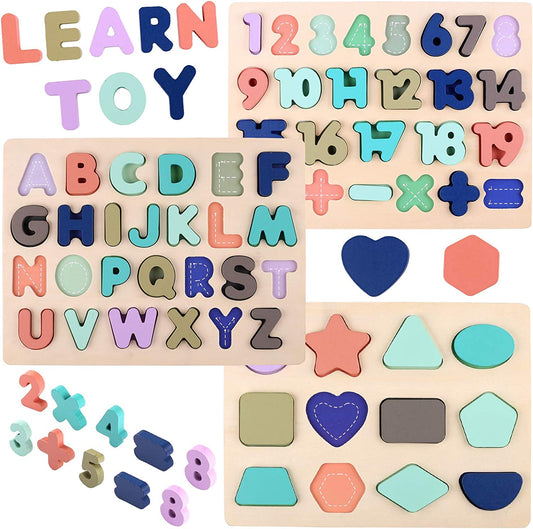 Wooden Puzzles for Toddlers,  Wooden Alphabet Number Shape Puzzle Toddler Education Learning Toys for Kids Ages 3 4 5 Years Old (Set of 3)